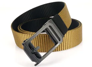 Close-up of dual-sided nylon woven tactical belt with grey metal automatic buckle