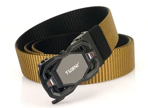 Close-up of durable brown nylon belt with a rotating automatic alloy buckle and TUSHI logo