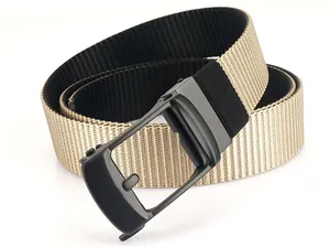 Detail of khaki nylon belt with black automatic metal buckle in a coiled display