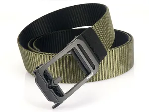 Tactical olive green nylon belt featuring a durable black metal rotary buckle detail
