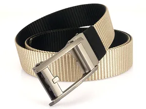 Detail of the rotating brushed metal buckle and dual-color nylon canvas strap