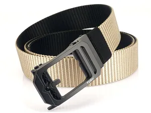 Detailed macro view of woven nylon belt texture and matte black automatic metal buckle