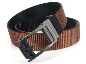 Detail of durable brown nylon web belt featuring black matte metal rotatable buckle