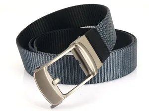 Detail of grey striped nylon belt featuring a brushed matte metal automatic slide buckle