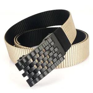 Tactical nylon belt with khaki and black dual-tone strap and matte grid buckle