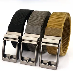 Detailed texture of durable nylon belts in black, olive green, and khaki with alloy buckles