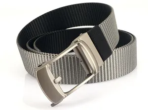 Detail of high-density nylon belt with matte brushed metal buckle and woven texture