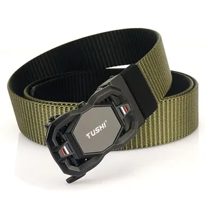 Army green nylon tactical belt with automatic buckle and woven texture for outdoor use