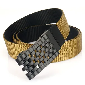 Tactical nylon belt with dual-tone khaki webbing and matte black grid metal buckle