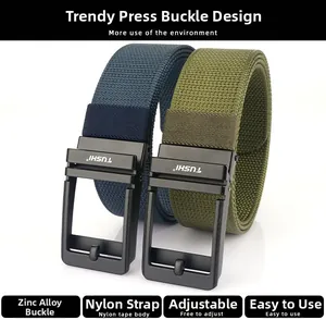 Close-up of durable nylon woven tactical belts with black zinc alloy press buckles