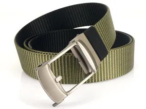 Detail of olive green nylon tactical belt with a matte silver automatic metal buckle