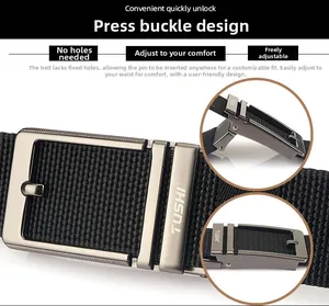 Detail of men's nylon tactical belt with a grey metal press buckle and no-hole design