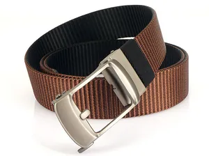 Close-up of dual-sided nylon woven belt with matte grey automatic buckle in coffee brown