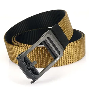 Khaki nylon canvas belt with black automatic buckle and matte industrial finish