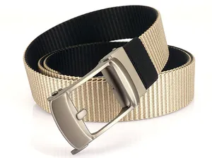 Detailed macro view of nylon web belt with dual-tone strap and matte automatic buckle