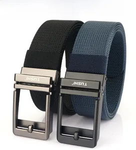Detail of nylon woven belts with metal automatic buckles in black and navy blue