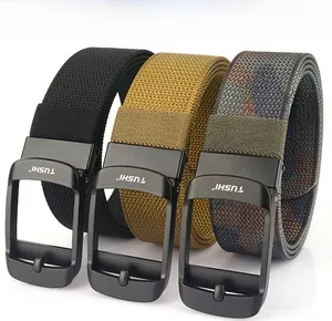 Detailed view of woven nylon belts in black, khaki and camo with matte metal buckles