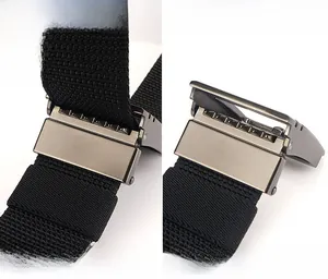 Detail view of durable black nylon belt featuring an ergonomic zinc alloy buckle system