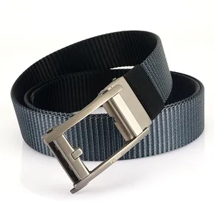 Gray and black striped nylon canvas men's belt with automatic metal buckle on white background