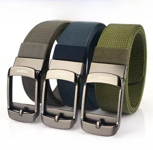 Detailed view of durable nylon outdoor belts with zinc alloy press-style buckles in three colors