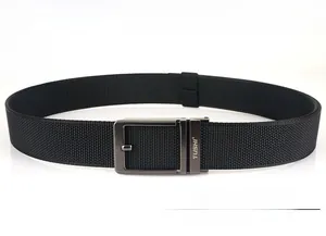 Detail of black nylon tactical belt with dark grey metal automatic press buckle