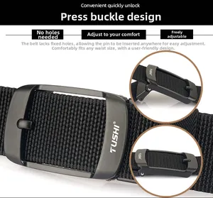 Detail of black tactical nylon belt featuring a quick-release metal press buckle