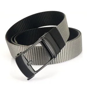 Men's reversible nylon web belt with a matte black automatic buckle in a grey-black weave