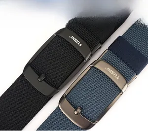 Detailed close-up of heavy-duty nylon belts with durable gray metal buckle and TUSHI logo