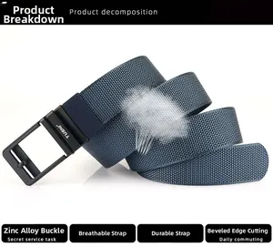 Detail of breathable nylon sports belt showing the zinc alloy buckle and textured fabric