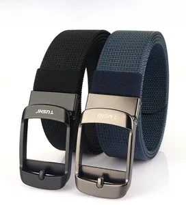 Detail showing high-density nylon belts with matte metal buckles in black and blue colors