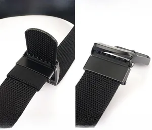 Detail of black nylon tactical belt featuring zinc alloy quick-release buckle system