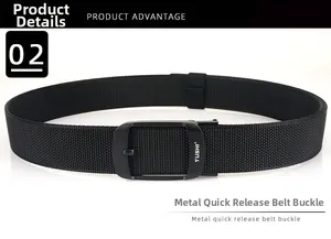 Detail view of black canvas nylon belt featuring a matte metal quick release buckle