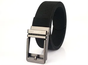 Detailed view of black woven nylon belt featuring a brushed grey metal automatic buckle
