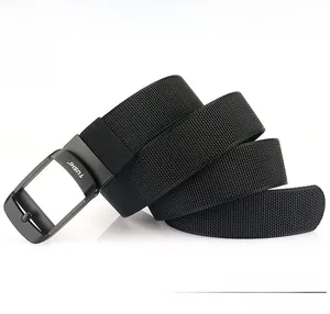 Close-up of durable black nylon tactical belt with thick woven texture and matte metal buckle