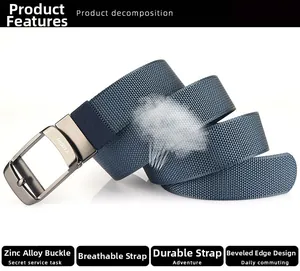 Close-up of a breathable navy nylon belt with a zinc alloy buckle and textured finish