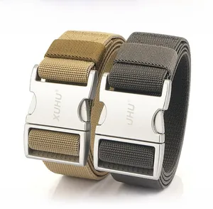 Close-up of tactical nylon belts with aluminum alloy buckles and premium woven texture
