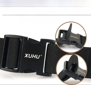 Tactical nylon belt detail showing the quick release alloy buckle and woven texture