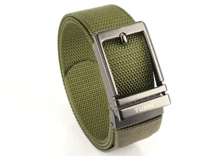 Detailed close-up of army green tactical nylon belt with gun-grey buckle and logo