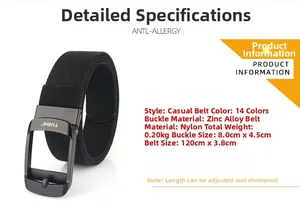 Detailed size specifications for the 120cm black nylon tactical belt with zinc alloy buckle
