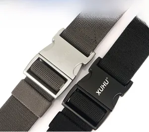 Detail view of tactical nylon belts with heavy-duty alloy quick-release buckles in grey and black