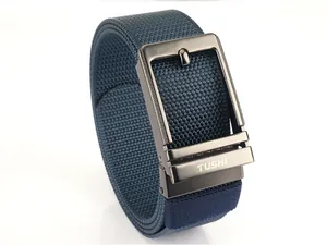 Close-up of navy blue braided nylon belt with gunmetal matte buckle and TUSHI logo