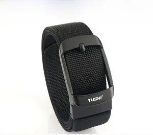 Detail of black nylon woven belt with a matte black metal buckle and texture