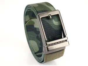 Close-up of camouflage nylon webbing and alloy buckle on men outdoor sports belt