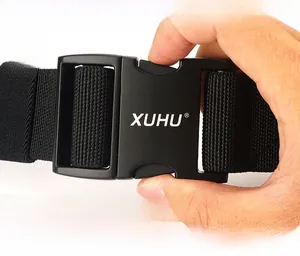 Detail of aluminum alloy quick-release tactical buckle on black nylon woven belt