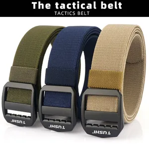 Nylon tactical belts in army green, navy, and khaki with quick-release buckles