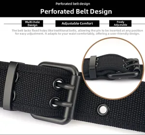 Gros plan sur la ceinture en toile noire avec boucle à double ardillon et design perforé