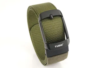 Close-up of military green tactical nylon belt featuring a matte black metal buckle