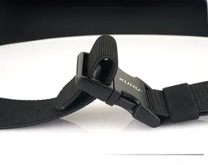 Detail of adjustable tactical nylon belt buckle with textured weaving for outdoor use