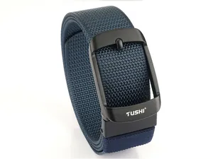Detail of navy blue woven nylon belt with matte black buckle and engraved TUSHI logo