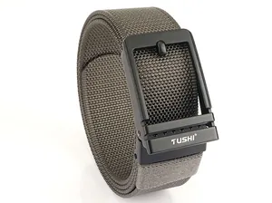 Close-up of olive grey nylon woven belt with matte black buckle and white TUSHI logo